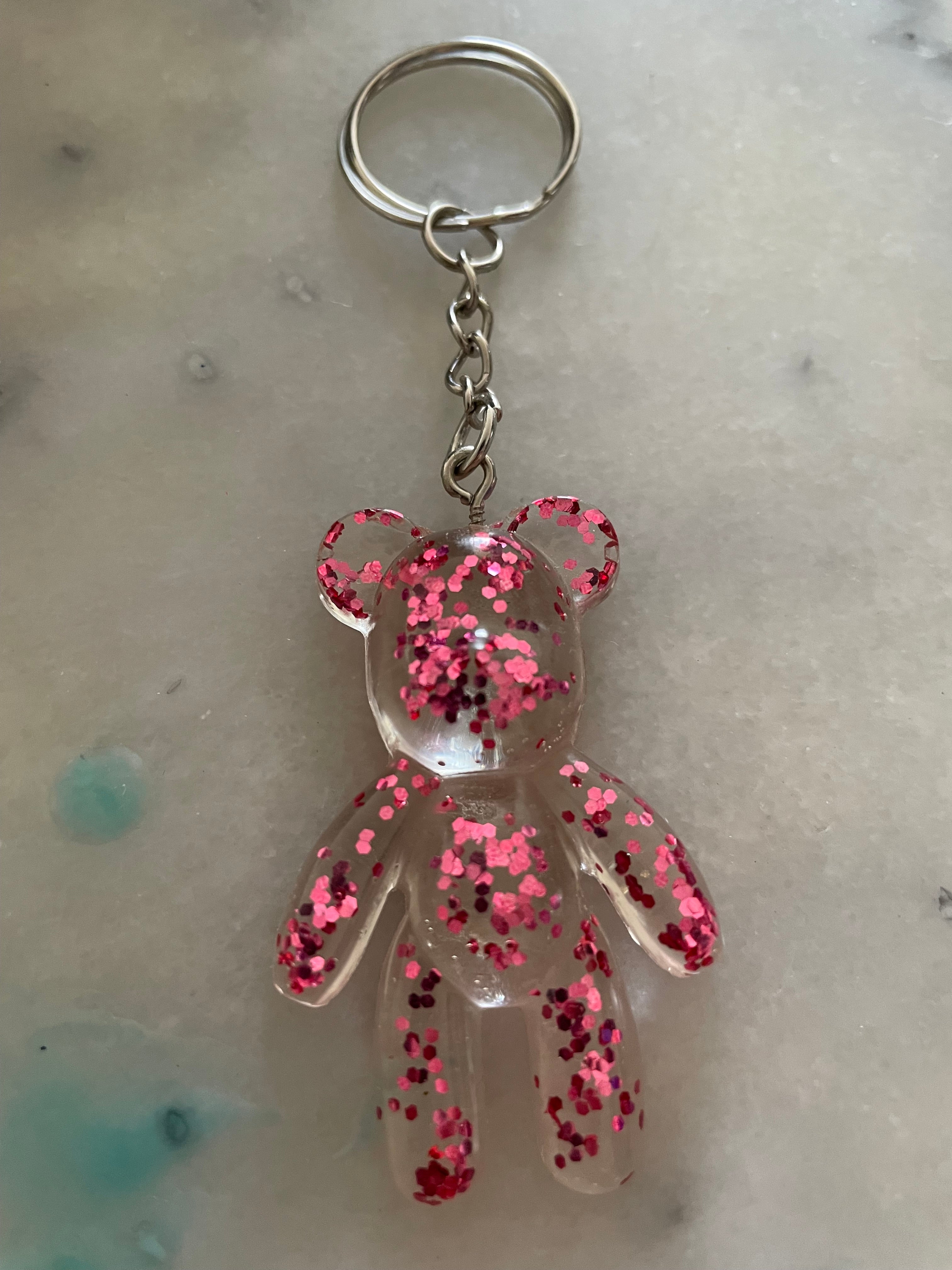 Porte clé fin ours rose pailletté